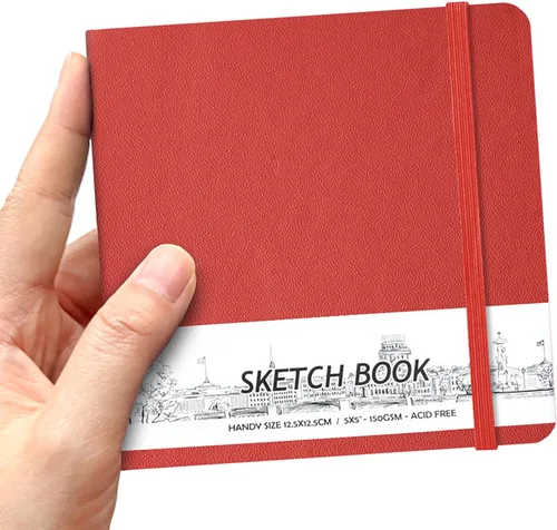 Cuaderno de bocetos de bolsillo cuadrado de tapa dura de cuero PU de 5" x 5", 58 hojas de papel beige Dowling de 150 GSM, libro de bocetos de arte