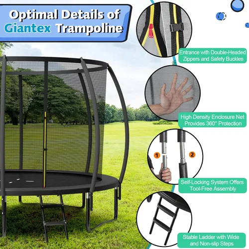 Miniatura 7 de Giantex Trampolín para niños, cama elástica grande para exteriores aprobada por ASTM con red, escalera, marco de acero galvanizado a prueba de Negro