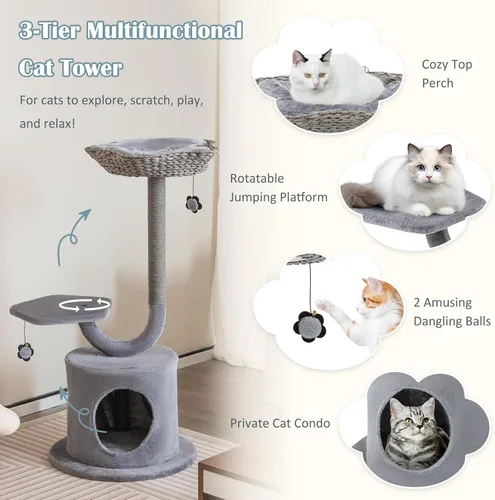 Miniatura 5 de Tangkula Árbol para gatos de interior, torre para gatos de 42 pulgadas con marco de soporte de metal curvado, postes rascadores de sisal, percha