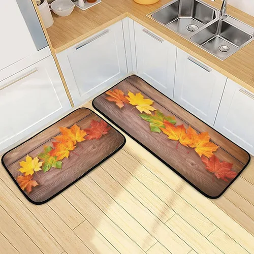 Miniatura 7 de Kitchen Rugs 2 Piece Waterproof Non Slip Kitchen Mat Maple Leaves on Wood Kitchen Rug Set for Sink Office Kitchen Cafe, 19.7"x47.2"+19.7"x27.6