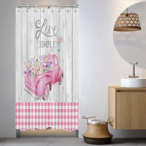 EOBTAIN Cortina de ducha floral colorida con hojas y camión vintage, cortina de ducha rústica de madera con 8 ganchos, juego de cortinas de baño a