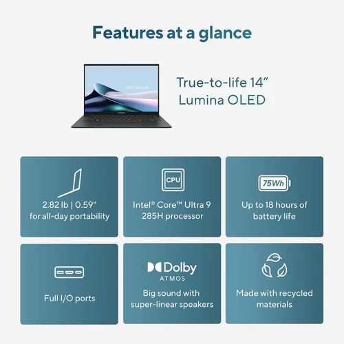 Miniatura 2 de ASUS Zenbook 14 AI PC portátil con pantalla táctil, Intel Ultra 9 285H, 32GB DDR5, 1TB SSD, 14" FHD+ OLED, 16-Core (> i9-13900H), retroiluminación
