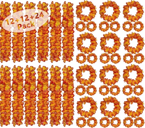 Miniatura 7 de 48 piezas de Leis hawaianos gruesos a granel, revelación de género Leis Blue Jumbo 12 diademas 24 pulseras, 12 collares florales para fiesta Luau