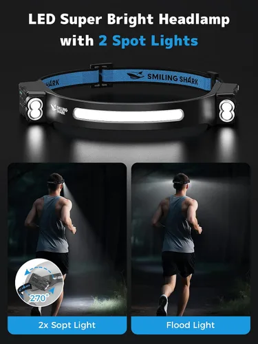 Miniatura 2 de Smiling Shark TD-0123-S - Linterna frontal ultrabrillante de 2400 mAh, recargable con sensor de movimiento manos libres, lámpara de cabeza LED