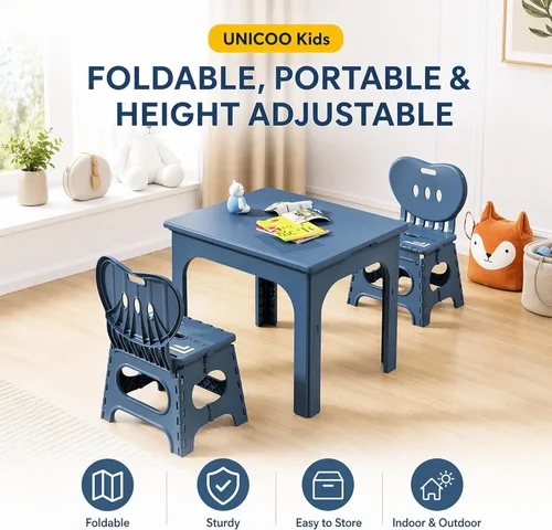Miniatura 2 de UNICOO® Juego de mesa plegable y ajustable en altura para niños con 2 sillas plegables, compacto, plegable y portátil, para actividades de niños Azul