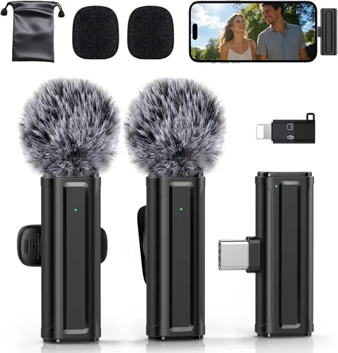 Mini micrófono inalámbrico para iPhone, iPad, Android, paquete de 2 micrófonos Lavalier con clip giratorio de 360°, micrófono USB-C con reducción de