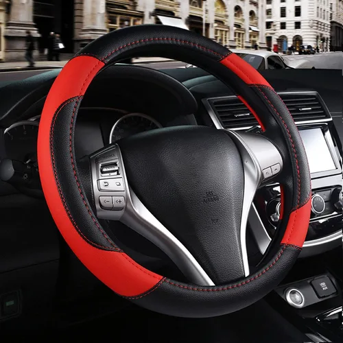 Miniatura 15 de Funda de cuero para volante de automóvil, protector antideslizante de cuero de microfibra transpirable, ajuste universal para la mayoría