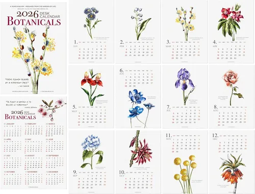 Calendario para escritorio 2026 - Calendario mensual botánico de acuarela, hecho en EE. UU., páginas de 5x7 con citas motivacionales, soporte de