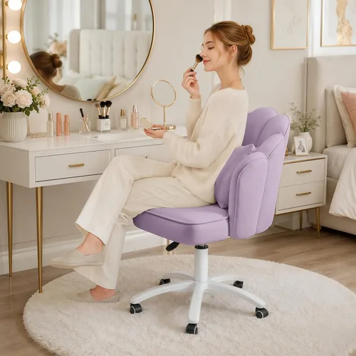 Miniatura 3 de Silla de tocador con ruedas Silla de escritorio de terciopelo con pétalos Silla de oficina en casa copetada tapizada para mujeres y niñas, Silla