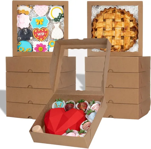 Miniatura 10 de TEMLQPACK 25 cajas de panadería marrones de 9 x 9 x 2.5 pulgadas con ventana para galletas, macarrón, fresas cubiertas de chocolate, mini pastel