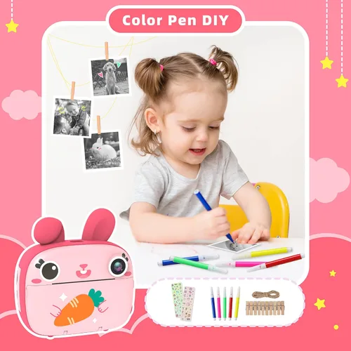 Miniatura 5 de Cámara instantánea para niños, cámara de impresión instantánea de 2.5 K sin tinta, tarjeta de 32 GB, selfie y video de 1080P, regalo de juguete rosa
