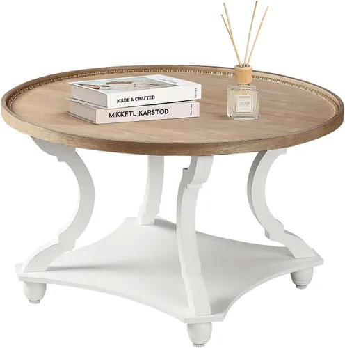 Wnutrees - Mesa de centro redonda de estilo granja, mesa de café con bandeja de madera y estante de almacenamiento de estilo rústico con acabado