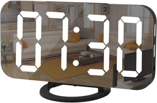 Reloj Digital con Pantalla Grande, Relojes Despertadores LED Eléctricos con Superficie de Espejo para Maquillaje con Modo de Atenuación, 3 Niveles