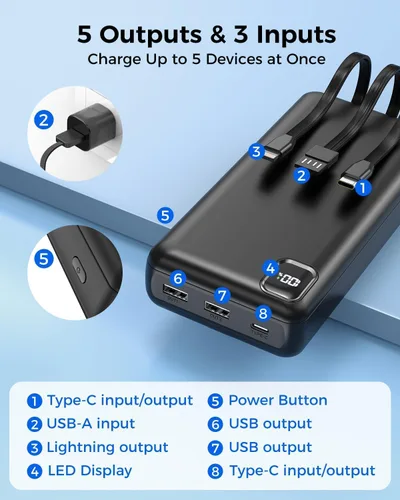 Miniatura 5 de Cargador Portátil Power Bank 50,000 mAh Cargador Portátil para Teléfono, Powerbank de Carga Rápida PD 22.5W, Cable Integrado, 5 Salidas 3 Entradas