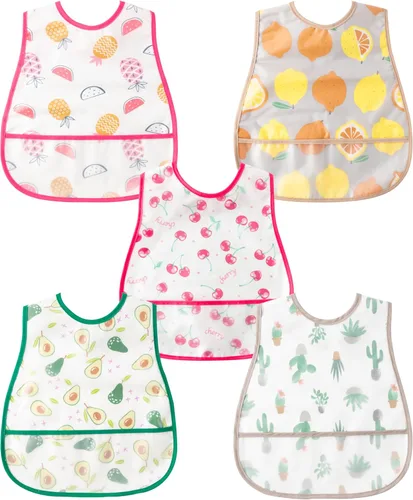 R HORSE Juego de 5 baberos para bebés con bolsillo para atrapar migas y botón a presión, baberos impermeables para bebés de 6 a 24 meses Fruta