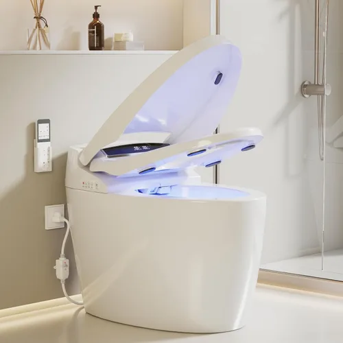 Miniatura 13 de LOUPUSUO Inodoro inteligente con rociador de agua caliente y secadora, inodoro de bidé de una pieza con funcionamiento automático de sensor de pie