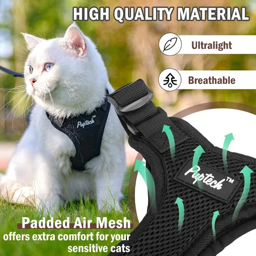Miniatura 2 de PUPTECK Juego de arnés y correa para gato a prueba de escape para caminar, chaleco de malla transpirable arnés ajustable para gatos cachorros Negro