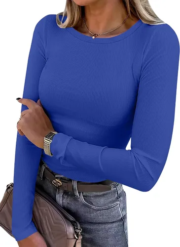 Miniatura 31 de ANRABESS - Camisetas de manga larga para mujer, de punto acanalado, ajustadas, básicas, 2025, informales, para usar a capas o debajo del uniforme