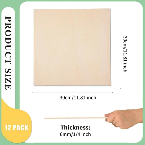 Miniatura 2 de Paquete de 12 hojas de madera de tilo de 12 x 12 x 1/4 pulgadas-6mm de grosor para manualidades, tableros de madera contrachapada sin terminar, Paq