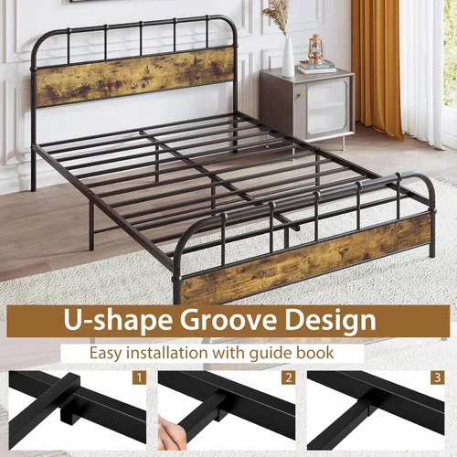 Miniatura 6 de Giantex Base de cama de metal tamaño Queen con cabecera de madera, base de cama de plataforma industrial con listones de metal resistente, base