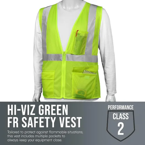 Miniatura 2 de Glove Station Glow Shield - Chaleco de seguridad ANSI de alta visibilidad clase 3 con mangas, rayas reflectantes anchas y cierre de cremallera Verde