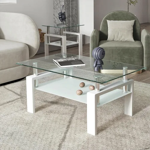 Miniatura 5 de Mesa auxiliar de cristal para sala de estar, mesa central rectangular de 2 niveles con patas de metal, mesa auxiliar para el hogar, oficina