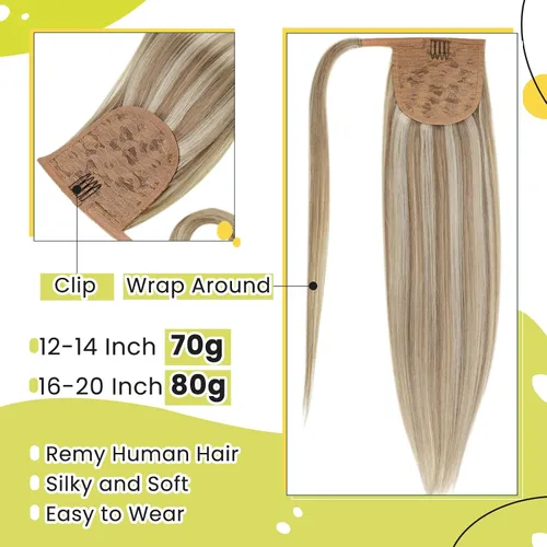 Miniatura 3 de RUNATURE - Extensión de cola de caballo de cabello humano Remy con pinzas y cinta mágica, 1 pieza de extensiones de cabello largo, color castaño