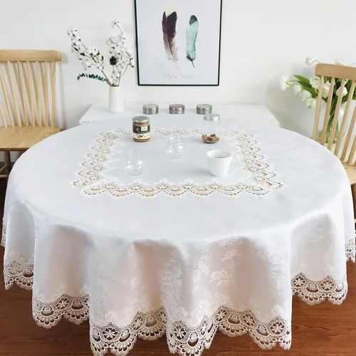 Miniatura 13 de Mantel de encaje para mesas de comedor redondas de 70 pulgadas, diseño de peonías blancas, vintage, para fiestas, bodas, tela lavable para banquetes