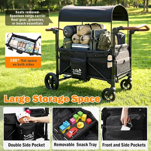 Miniatura 4 de Cochecito para 2 niños, cochecito todo terreno con extensor extralargo, vagón plegable de aluminio con asientos convertibles, toldo extraíble
