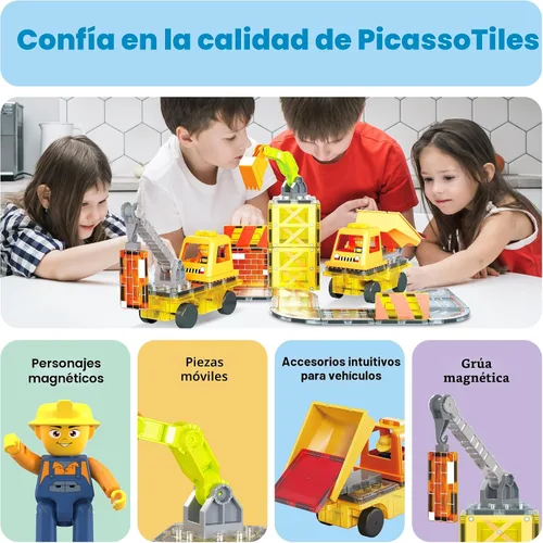 Miniatura 8 de PicassoTiles Azulejos Magnéticos de Construcción Temáticos Bloques de Construcción 5-en-1 Grúa, Escalera, Camión Volquete, Excavadora