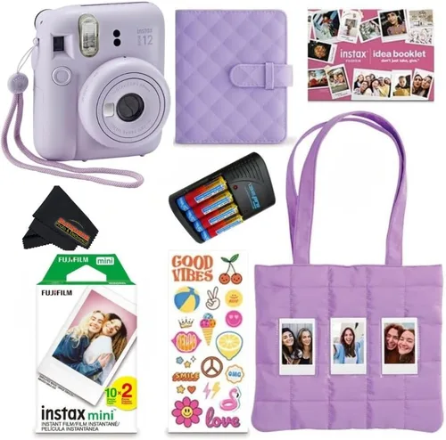 FUJIFILM INSTAX Mini 12 Holiday Bundle 2025 | con película extra Instax Mini + 4 pilas AA y paño de limpieza de microfibra Sunshine Photo (10 Lila