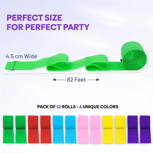 Miniatura 3 de 12 rollos de serpentinas de arcoíris únicos, paquete de 12 rollos de papel crepé arcoíris únicos de 984 pies para decoraciones de fiestas, Multicolor