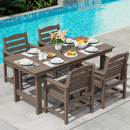 Miniatura 27 de SERWALL Juego de Mesa de Comedor de HDPE para Exteriores, Juego de 7 Piezas de Mesa de Comedor al Aire Libre con Mesa con Corte para Agujero de Gris