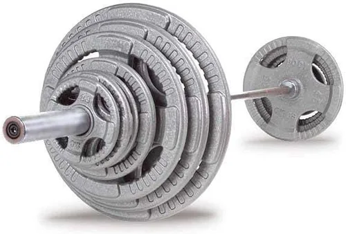Miniatura 12 de Body-Solid Juego de discos olímpicos de hierro fundido con diseño de agarre cuádruple, pesas libres, placas de mancuernas, agujero estándar de 2