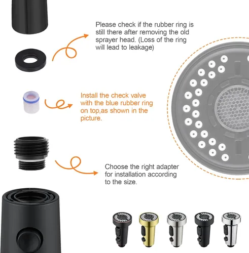Miniatura 4 de TIORIY Cabezal de Repuesto para Grifo de Cocina Negro, con 15 Adaptadores de Plástico Cabezal Rociador de Grifo Extraíble, Boquilla Rociadora Negro
