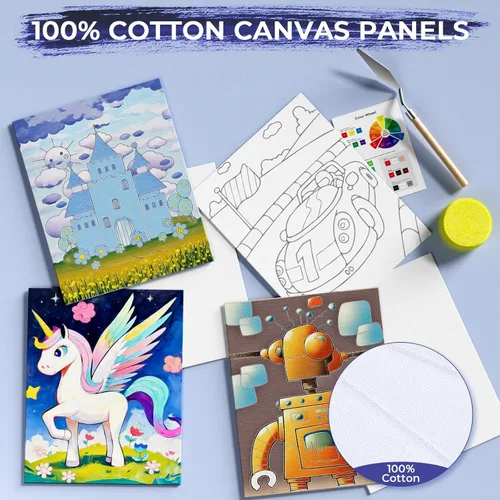 Miniatura 3 de Nicpro Juego de 34 piezas de pintura para niños con lienzo patrón, kit de suministros de pintura artística con 12 pinturas acrílicas, 10 pinceles, 6