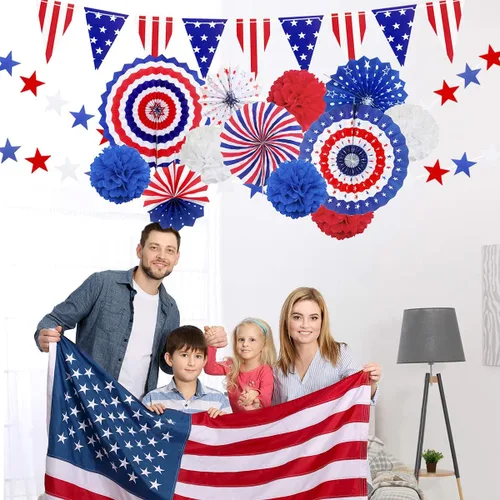 Miniatura 5 de MOVINPE Juego de decoraciones patrióticas para fiestas del 4 de julio, abanicos de papel para colgar con la bandera estadounidense, flores