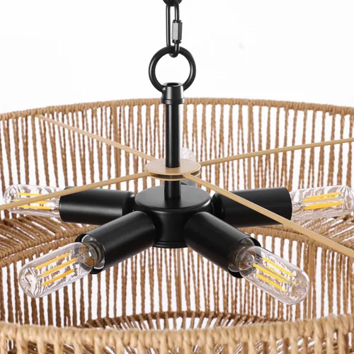 Miniatura 5 de LamQee Candelabros de Ratán Estilo Granja de 22 Pulgadas, Lámpara de Araña Boho de 5 Luces con Pantalla de Mimbre Tejida a Mano, Luces Colgantes