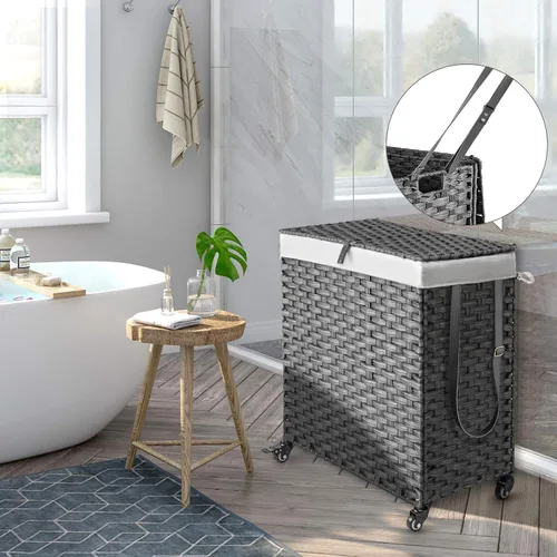 Miniatura 27 de GREENSTELL Cesta para ropa sucia con ruedas y tapa, 130 L, cesta grande de 3 secciones con 2 tipos de bolsas de forro extraíbles, 5 bolsas de malla