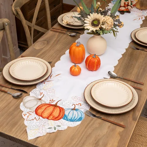 Miniatura 5 de Camino de mesa de otoño, 13 x 72 pulgadas, calabazas bordadas, hojas, camino de mesa de otoño, Acción de Gracias, decoración de mesa para cocina