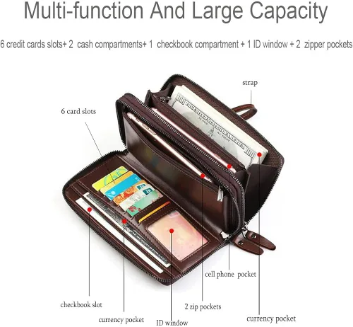 Miniatura 4 de Bolso de mano para hombre bolso de cuero genuino con cremallera cartera larga para negocios bolso de mano grande
