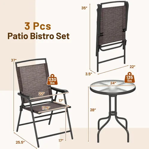 Miniatura 6 de Giantex Juego de comedor de patio con 2 sillas plegables de patio, mesa redonda al aire libre y sillas para jardín, piscina, patio trasero, mesa