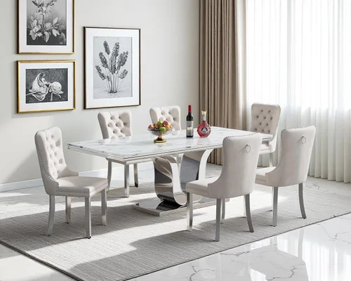 Miniatura 29 de Henf Juego de mesa de comedor de mármol sintético de 68 pulgadas para 6, juego de mesa de comedor de 7 piezas con 6 sillas copetudas de terciopelo