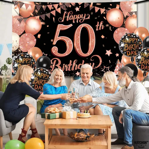 Miniatura 3 de KatchOn, Cartel de cumpleaños número 50 de oro rosa – Xtragrande de 72 x 44 pulgadas Decoraciones de cumpleaños 50 para mujer Cartel Hbd