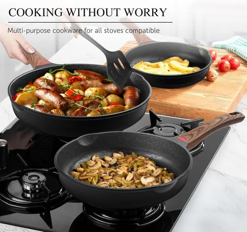Miniatura 5 de Vinchef Sartenes antiadherentes de 8" con tapa, sartén utilizada para todas las estufas, utensilios de cocina no tóxicos para inducción, sartenes