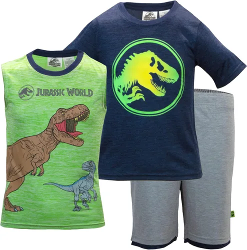 Jurassic World Universal Studio's Boys T-Rex - Camiseta de manga corta con logotipo de dinosaurio, camiseta sin mangas y pantalones cortos de malla