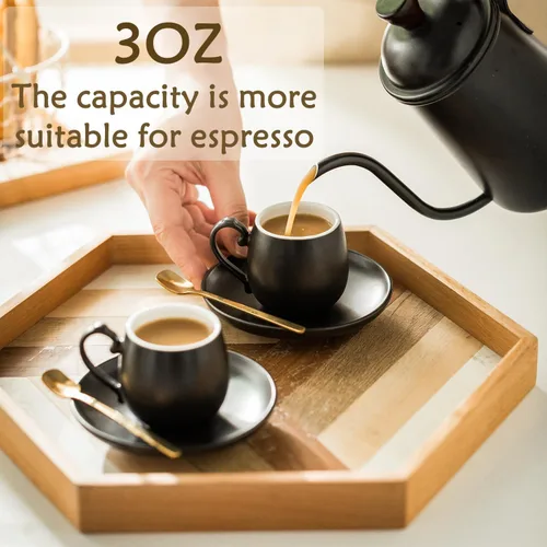 Miniatura 3 de LYEOBOH Juego de tazas de café expreso y platillos, taza de café de cerámica de 3 onzas, pequeñas tazas demitasses, tazas de café expreso con Negro