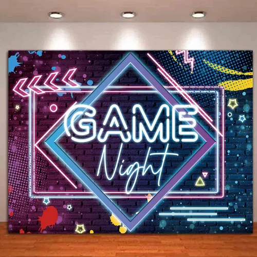 Miniatura 2 de Fondos de fotografía con temática de noche de juegos, fondo de fotos de neón brillante, 5 x 3 pies, para juegos en fiestas de cumpleaños, pijamadas