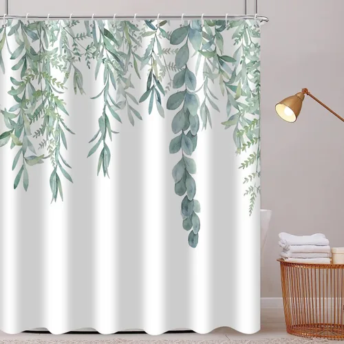 Miniatura 43 de Cortina de ducha de eucalipto, hojas verdes de acuarela en la parte superior con cortina de baño floral, decoración de baño para bañera, tela Hoja