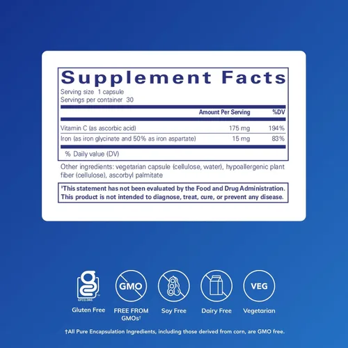 Miniatura 2 de Pure Encapsulations Iron-C - 15 mg - 175 mg de vitamina C - Soporte para glóbulos rojos* - Producción de energía - Píldora de hierro altamente
